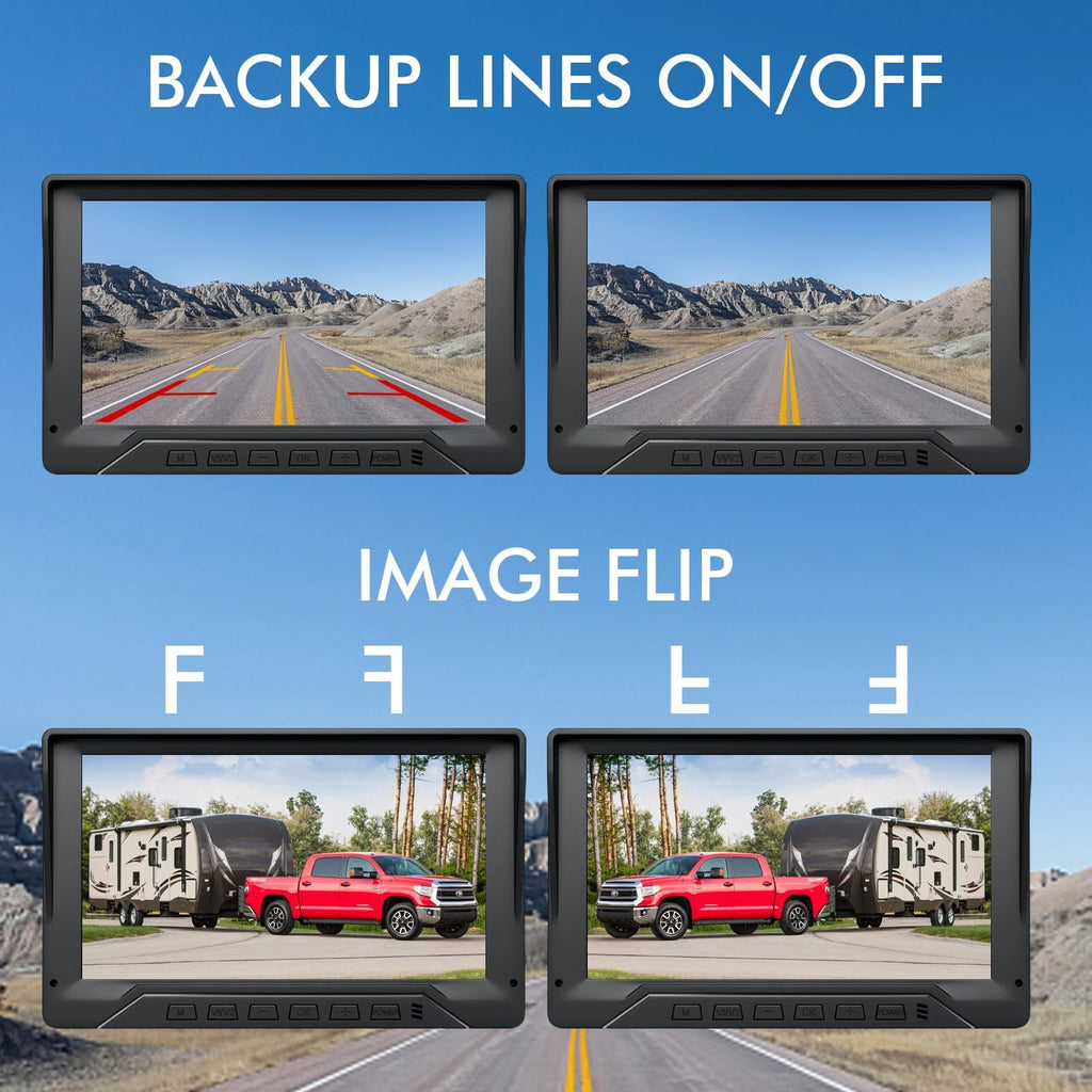 RV Backup Camera Plug and Play, 7'' Backup Camera for Truck Trailer, No Delay, 1080P HD, 2 Channels, 150° Wide Angle, DIY Guide Lines, Night Vision, IP69 Rear View Camera