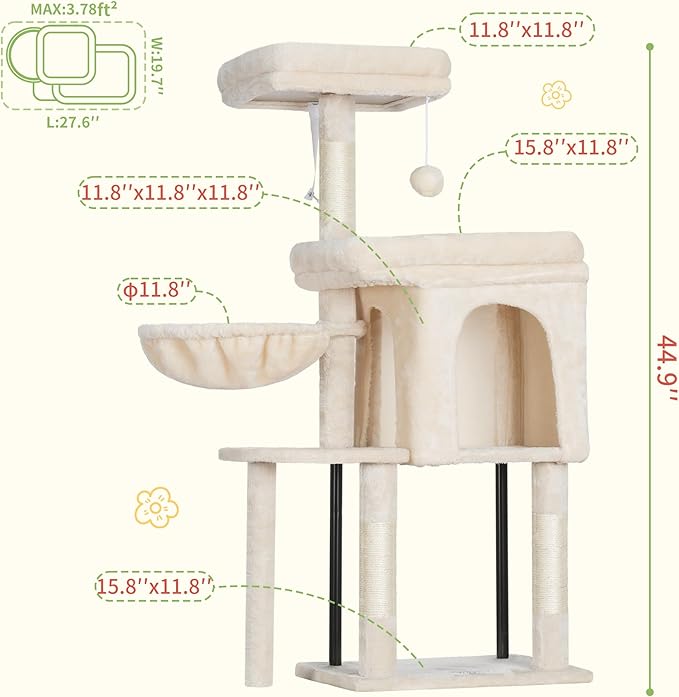 Hey-brother Cat Tree Tower, Scratching Posts with Cozy Condo, Padded Bed, Hammock, Plush Perch, Sisal Post and Ball for Indoor Kittens, 44.9 Inches, Beige MPJ009SM