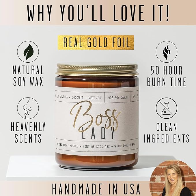 Boss Lady Gifts for Women - Soy Candle, w/Vanilla, White Coconut & Vetiver I Best Boss Gifts for Women/Girl/Female I Bosses Day Gift I 9oz Jar, 50Hr Burn Time, Made in USA