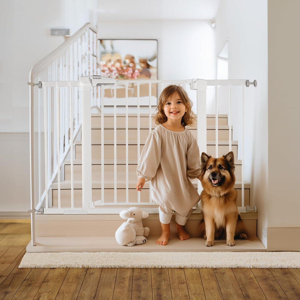 Babelio Metal Baby Gate, 29-48“ Auto Close Easy Install Pet Gate, Extra Wide Walk Thru Child Safety Gate, Pressure Mounted Dog Gate for Doorways & Stairs, with Y Spindle Rods, White