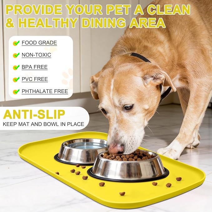 SMILOOL Waterproof Silicone Pet Food Mat with Raised Edge for Dog & Cat | 22" x 14" Non-Slip Pet Feeding Mats with Lip for Food & Water Bowl, Food Grade, Easy Cleaning, Light Yellow