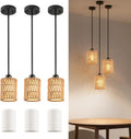 Pendant Light Boho Hanging Lamp - Rattan & Linen 2-in-1 Shade, Adjustable Hanging Lights Fixture for Kitchen Island, Dining Room, Farmhouse, Bedroom (3 Pack)