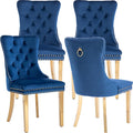 Luxury Upholstered Dining Chairs Set of 4, Blue Kitchen Chair with Golden Metal Legs, Velvet Tufted Back Dining Chair, Sillas de Comedor, Modern Kitchen & Dining Room Chairs (Blue, 4 Pcs)