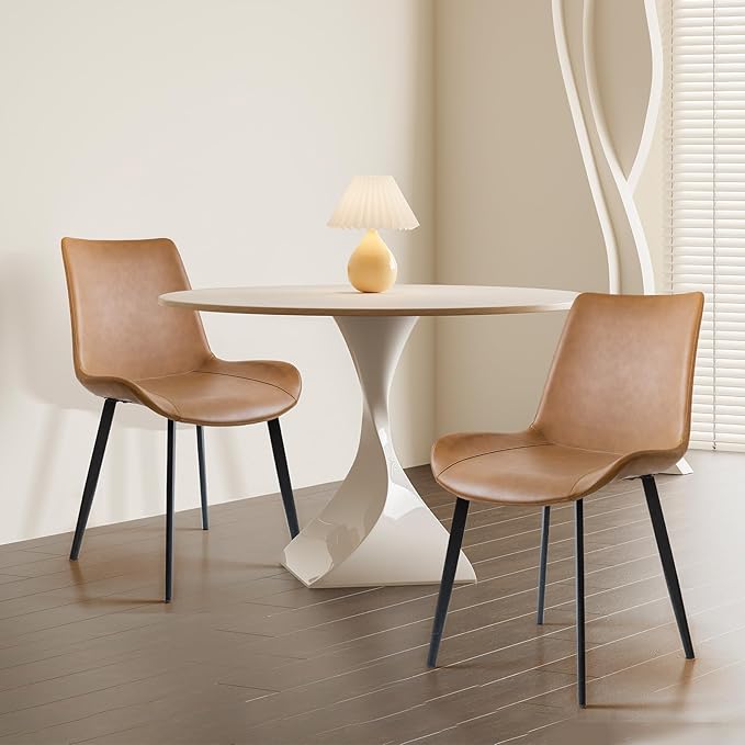Dining Chairs, Modern PU Leather Dining Room Chair with Sturdy Metal Legs, Upholstered Seat Dinner Chairs Accent Side Chairs for Indoor Kitchen Living Room (Brown, Set of 2)