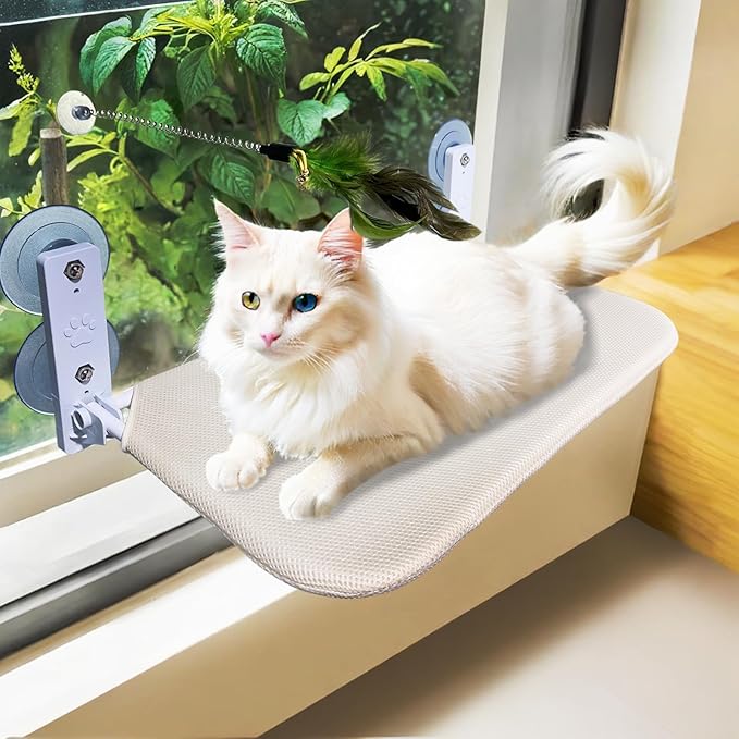 Cat Window Perch Seat Hammock, Foldable Hammock with 4 Strong Suction Cups, Easy to Assemble and Cat Wand,Cream