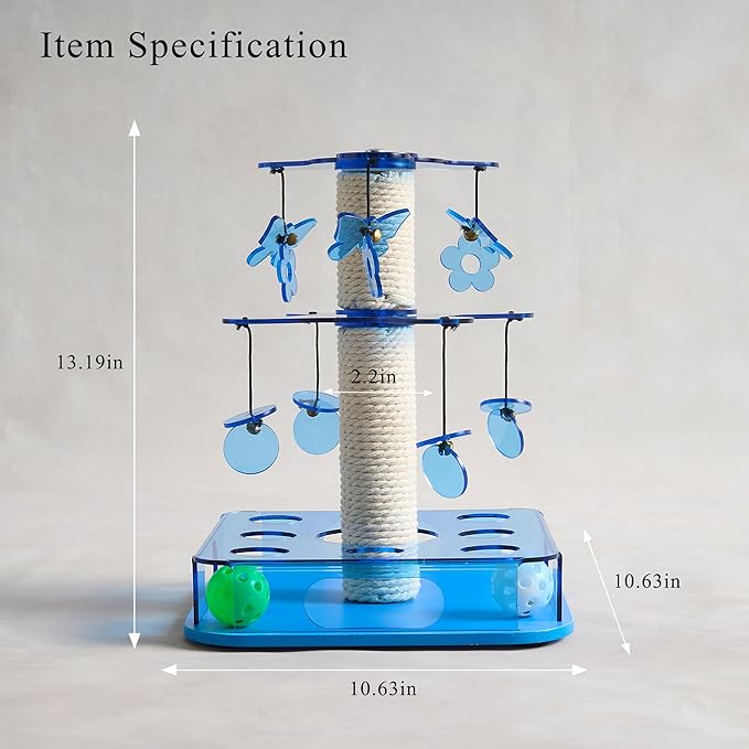Modern 3-in-1 Interactive Cat Toy with Scratching Post, Cat Puzzle Toys for Indoor Cats with Colorful Jingle Balls, 2-Layer Spinning Teaser Disc with Dangling Toys, Acrylic, Blue