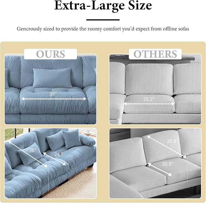 133.8" Oversized Couch, 3 Seater Modular Sectional Sofa, Blue Large Sectional Couches for Living Room, Fluffy Chenille Fabric Cloud Couch with 5 Pillows, Deep Seat Sofas