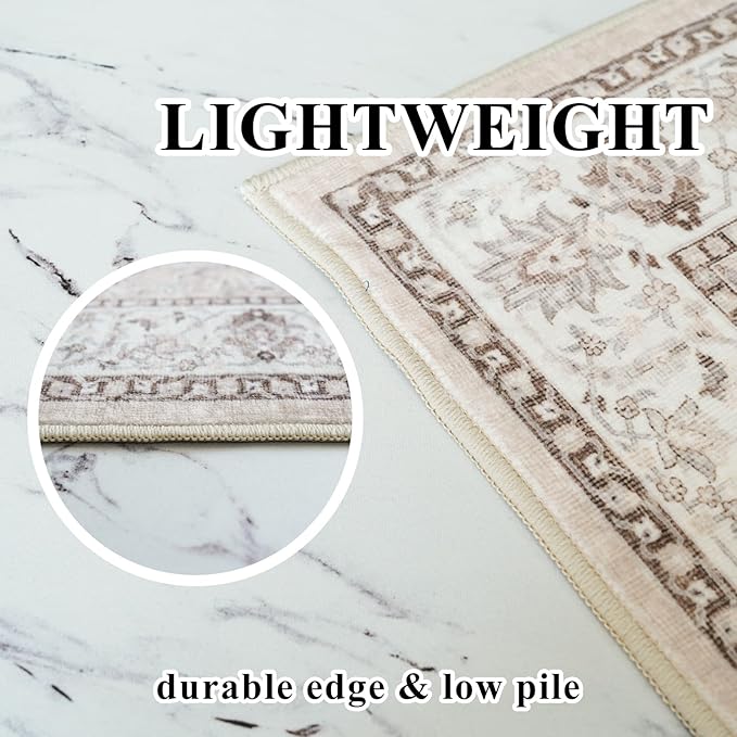 3x5 Living Room Area Rugs: Vintage Washable Non-Slip Rug for Bedroom Dining Room Soft Carpet for Nursery Kitchen Home Office Durable & Easy-Clean Design Perfect for Homes with Cats & Dogs(3x5 Beige)
