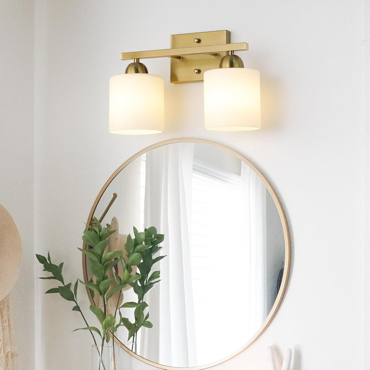 Stainless Steel Milk Glass Vanity Lights for Bathroom, 2 Light Gold Bathroom Light Fixtures Over Mirror, Ceramic E26 Sockets Wall Mounted