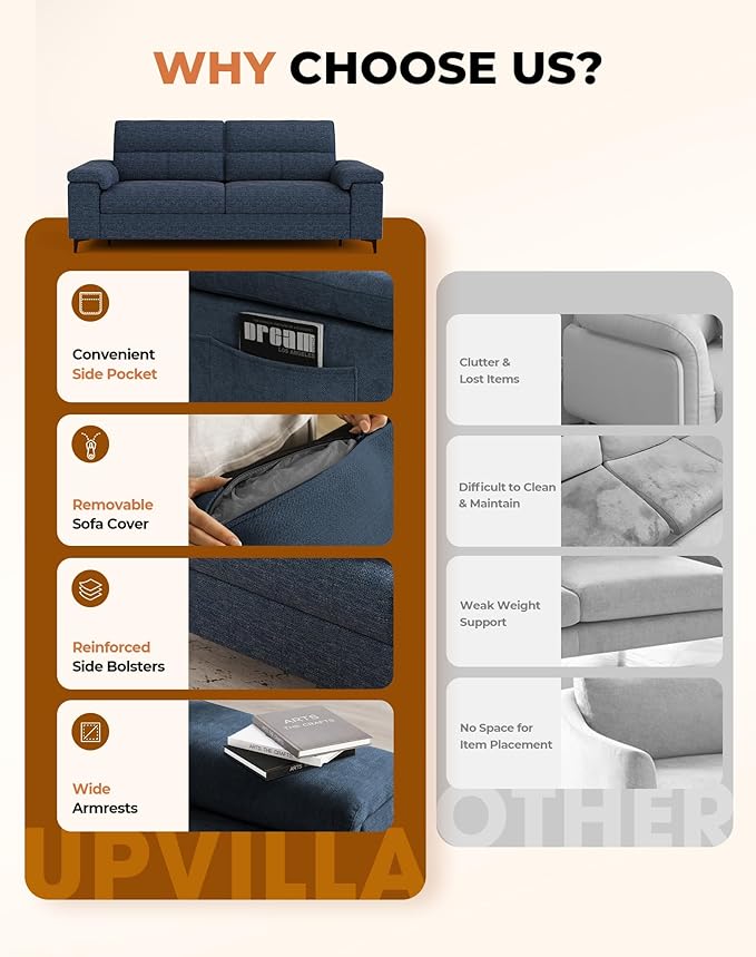 88.97" Modern Sofa Couch for Living Room, Deep Seat Sofas with 8”Cushion, Comfy 2-Seater Chenille Loveseat with Convertible Armrest, Removable Sofa Cover, High Leg (Blue)