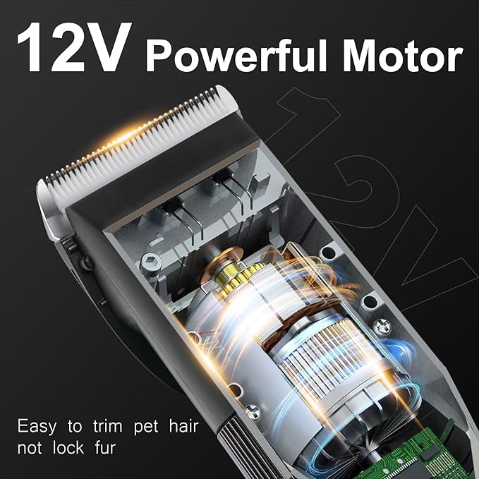 Dog Clippers for Grooming, 12V Professional Dog Clippers，Heavy Dutt Corded Pet Hair Trimmer Pet Trimmer for Thick Hair with Guard Combs Brush