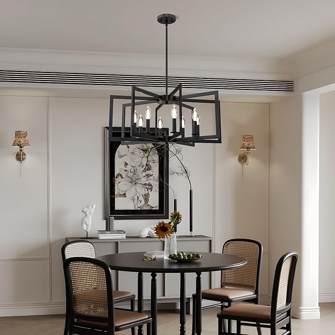Modern Black Chandelier, 8-Light Geometric Dining Room Light Fixture, Industrial Pendant Lights Kitchen Island, Hanging Metal Farmhouse Chandeliers for Dining Room Entryway Foyer Bedroom Kitchen