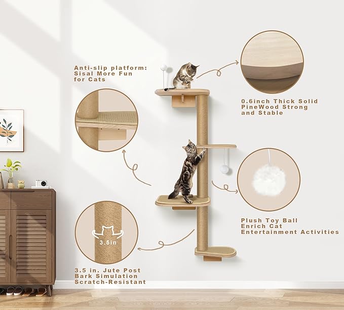 Cat Wall Shelves & Climber for Kittens – 4-Level Wall Mounted Cat Tree with Natural Sisal Pads, Adjustable Tower for Indoor Cats Up to 30lbs, Cat Wall Furniture System