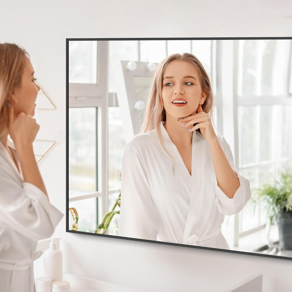 Black Bathroom Mirror for Wall, 30x48 Inch Rectangle Mirrors with Metal Frame, Modern Vanity Wall Mirror Decor for Bathroom Living Room, Entryway Hangs Horizontal or Vertical