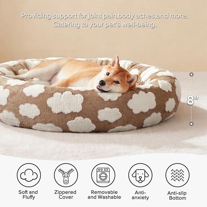 JOEJOY Jacquard Donut Round Dog Beds Medium Sized Dog,Brown 30x30x8in, Removable Washable Cover, Cute Pattern, Ultra Soft Fluffy Calming Pet Bed with Thick Supportive Bolster