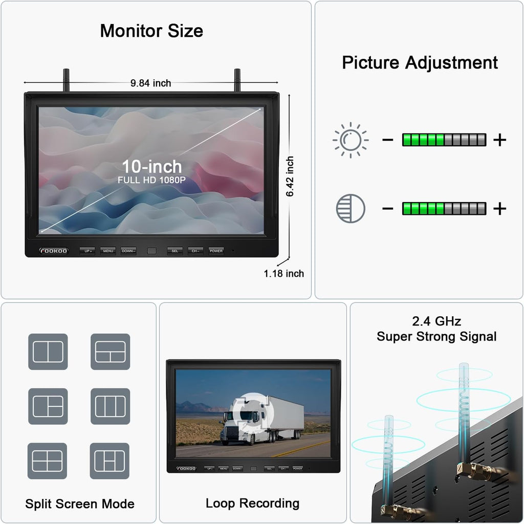 Fookoo HD 10" Magnetic Wireless Backup Camera,10" IPS Split Screen Monitor, Rechargeable 2 Side View 1 Rear View Cameras,Low Consumption 1-Min Install No Drilling Recording for Trailer Truck DCX103