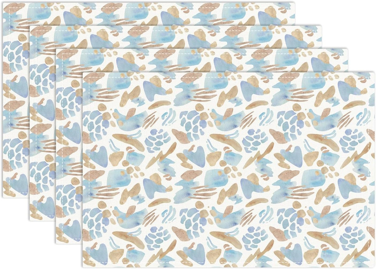 Blue and Brown Placemats Set of 4, Watercolor Table Mat for Home Kitchen, Restaurants, Outdoor Linen Washable Place Mats 12x18 inch Party Event Dining Decoration-07