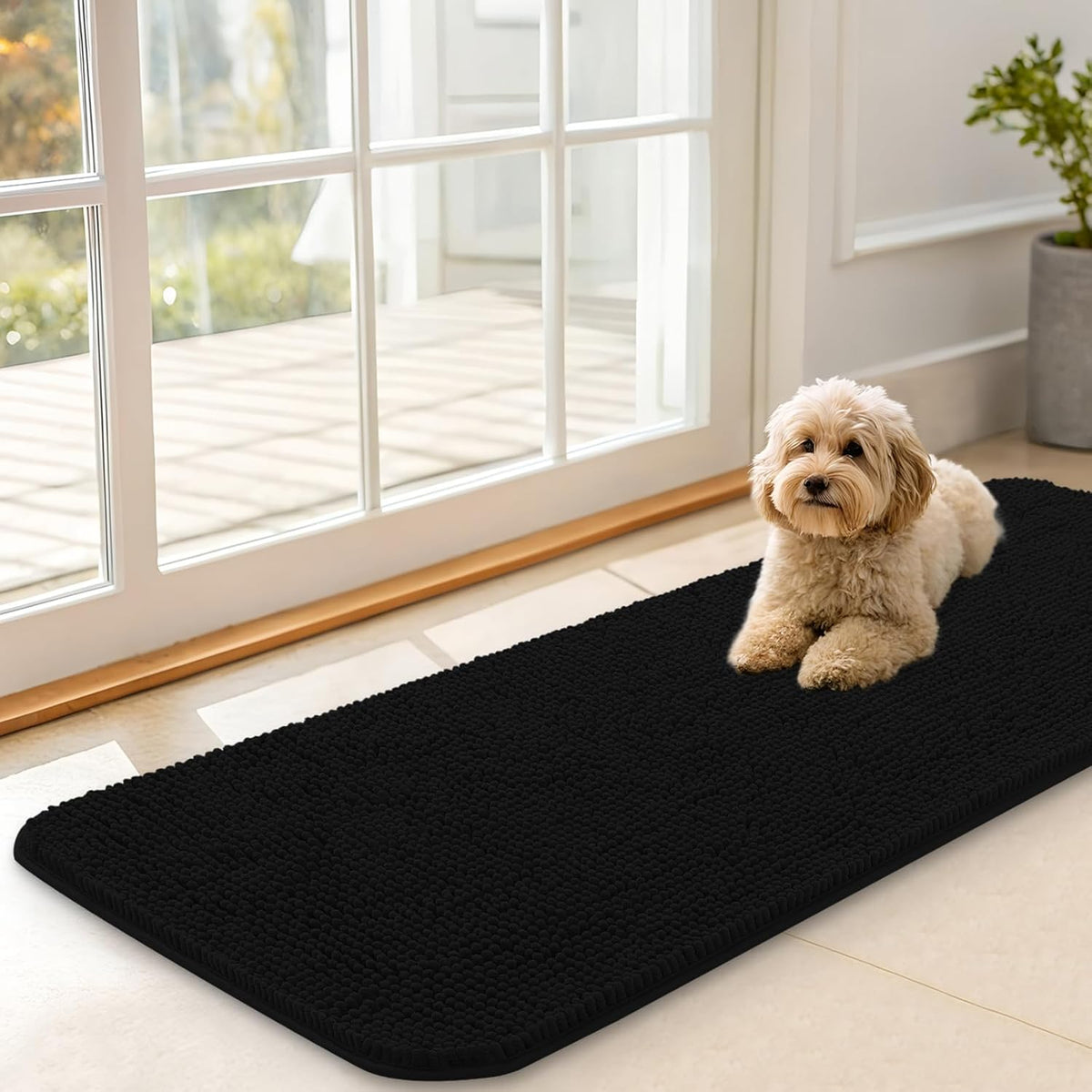 OLANLY Dog Door Mat for Muddy Paws 47x17, Absorbs Moisture and Dirt, Absorbent Non-Slip Washable Doormat, Quick Dry Chenille Mud Mat for Dogs, Entry Indoor Entryway Carpet for Inside Floor, Black