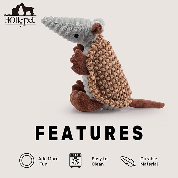 Hollypet Plush Dog Squeaky Toy Stuffed Armadillo Animal Pet Puppy Chew Toys with Clean Teeth for Small Medium Large All Breed Sizes Dogs, Brown and Bronze,8 in