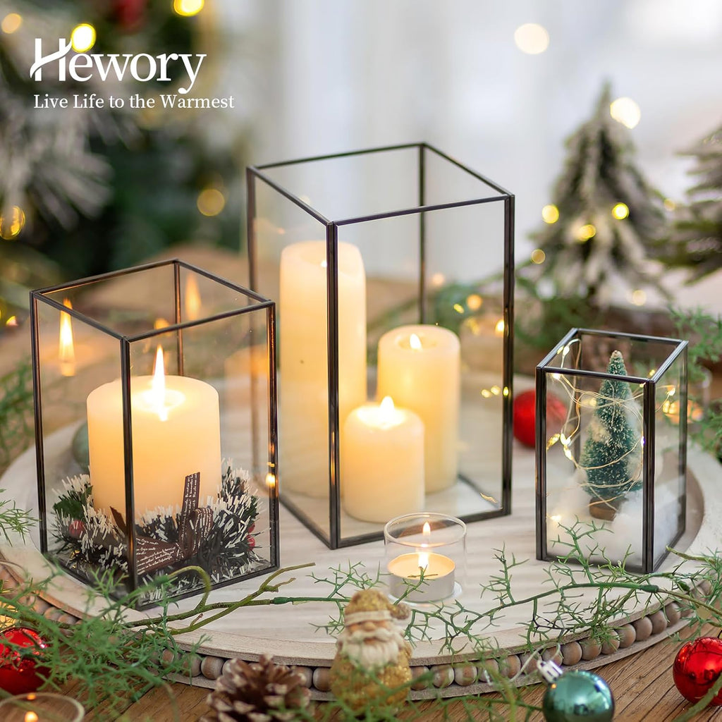 Glass Hurricane Candle Holder Large - Hewory 3pcs Black Rectangle Flower Holders Centerpiece for Table, Tall Floor Square Pillar Candle Lantern for Wedding, Anniversary, Party, Fireplace, Dining Room