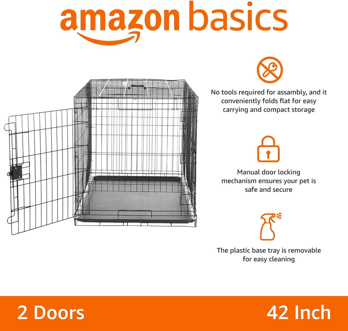 Amazon Basics Durable,Foldable Metal Wire Dog Crate with Tray, Double Door, 42 x 28 x 30 in, Black
