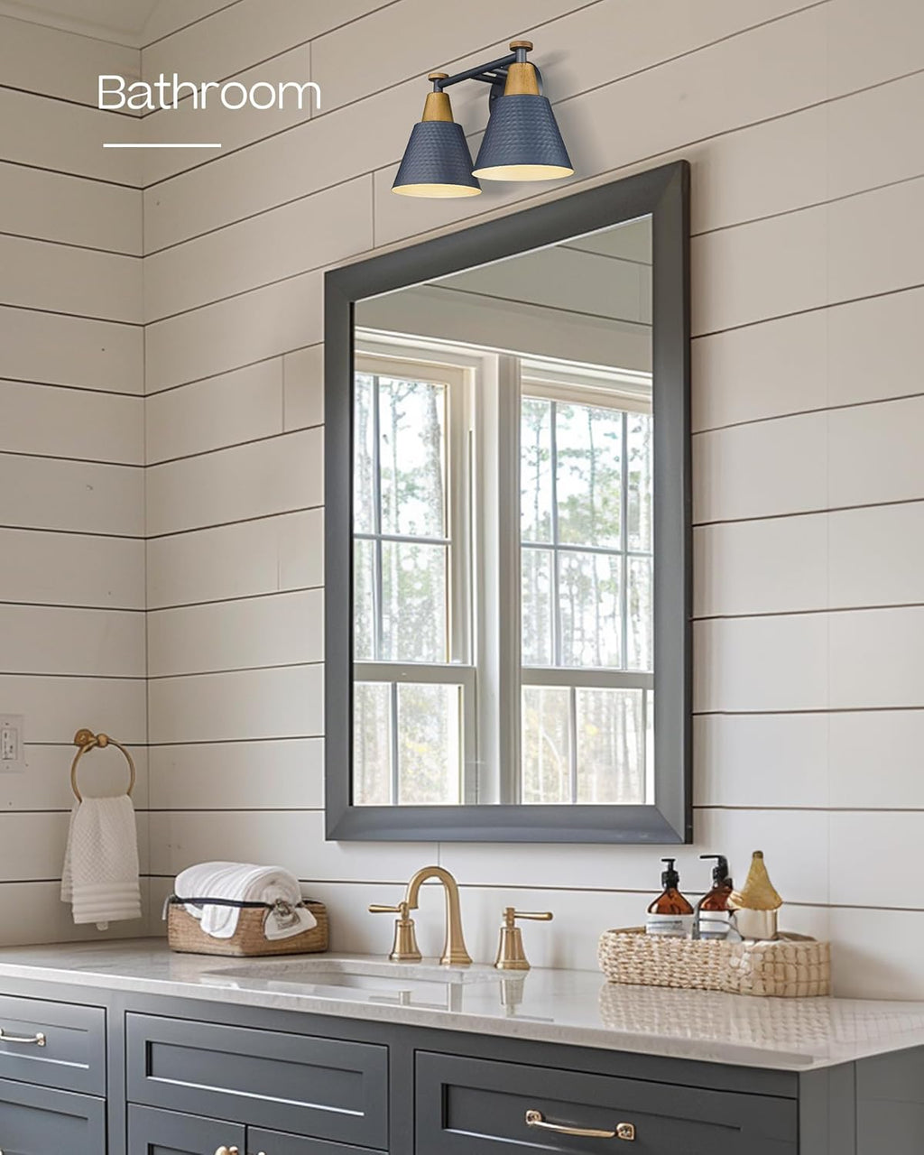 FEMILA 2-Light Bathroom Light Fixtures, Modern Bathroom Vanity Light with Hammered Metal Shade, Dark Blue Sconces Wall Lighting for Mirror Kitchen Bedroom, 4FG59B-2W Blue