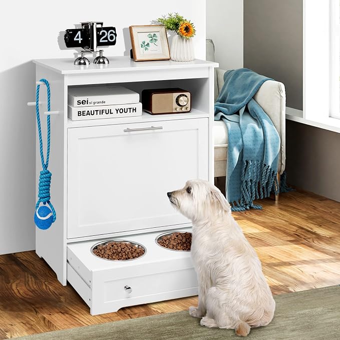 Tangkula Pet Feeder Station, Dog Food Storage Container with Double Pull Out Dog Bowls, Pet Food Toy Organizer Cabinet, Pet Feeding Station Furniture for Dogs Cats Feeding & Watering Supplies (White)