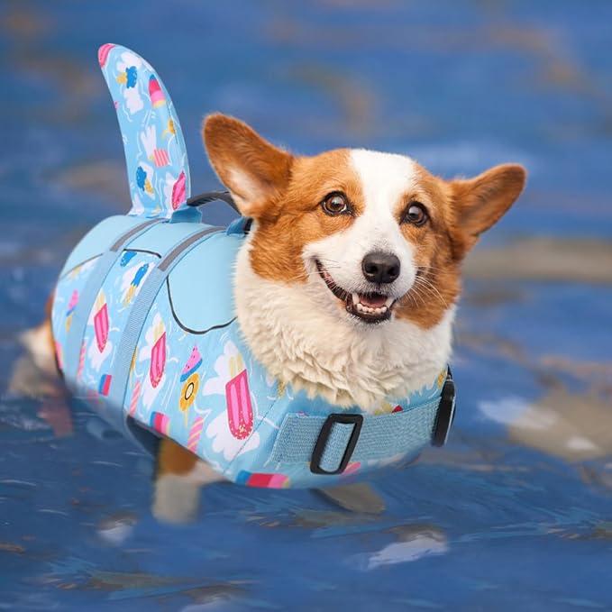 Shark Dog Life Vest for Swimming, Boating, Kayaking, Surfing, Canoeing - High Buoyant Dog Life Jacket, Ripstop High Flotation Swimsuit for Small, Medium, Large Dogs (Blue, XL)