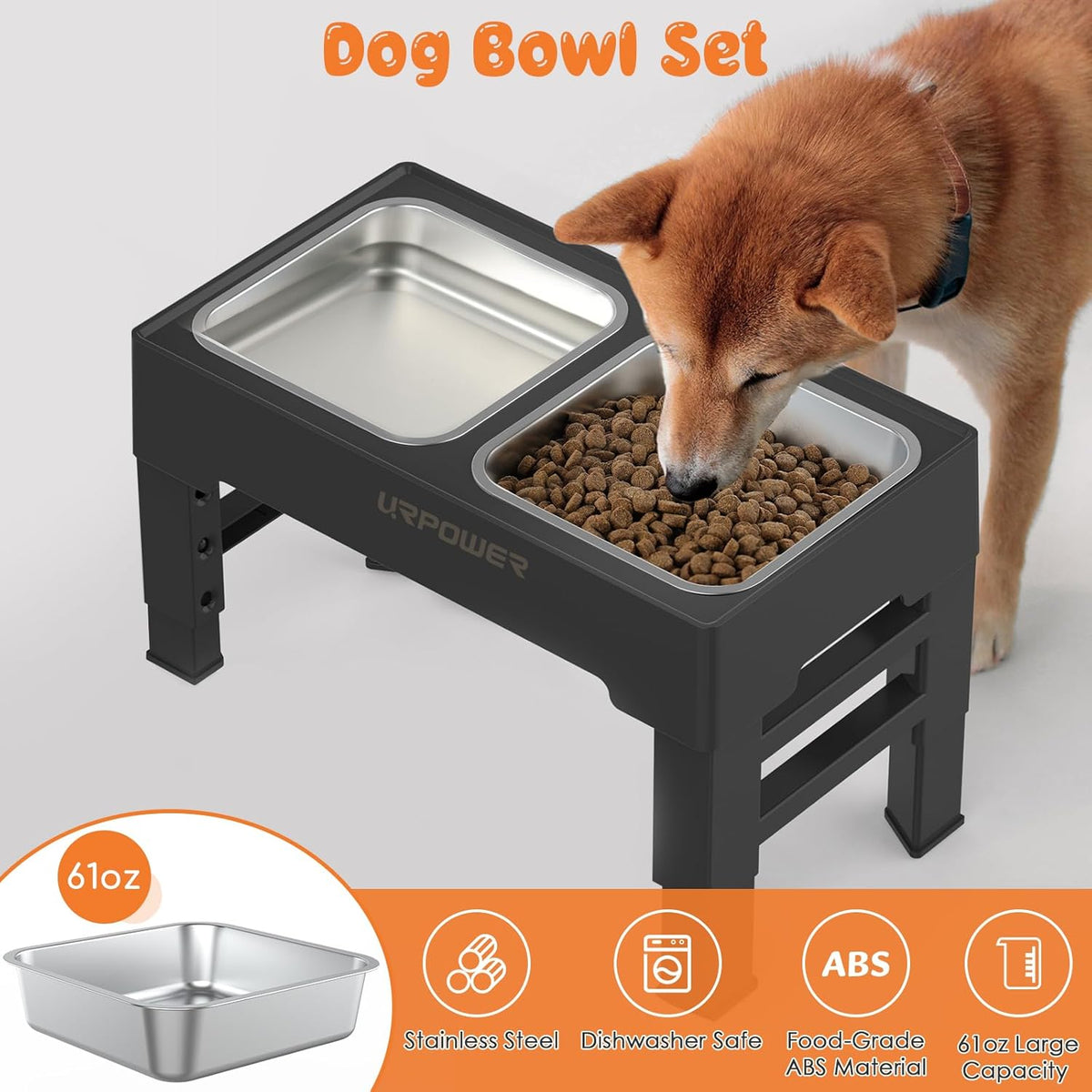URPOWER Elevated Dog Bowls 4 Height Adjustable Raised Stand with 2 Large Stainless Steel Dog Food and Water Bowl for Small, Medium, Large Dogs and Pets