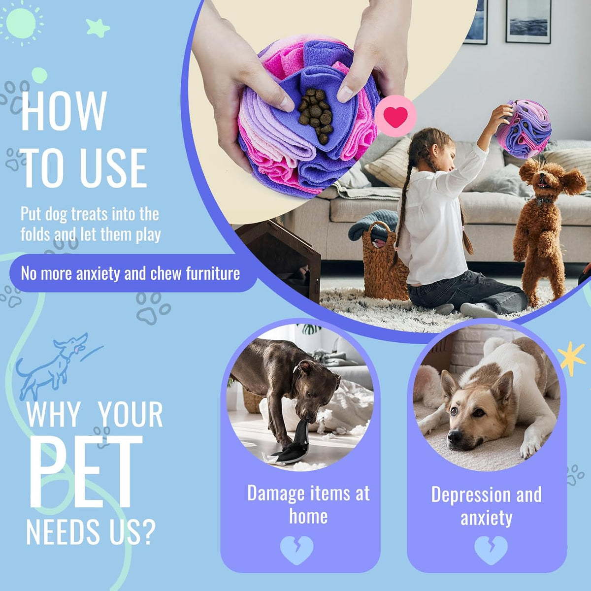 Pet Snuffle Ball, Puzzle Sniffing Interactive Dog Ball for Blind Dogs Training Stress Relief Dog Enrichment Toys Treat Machine Washable (Pink and Purple, 10cm)