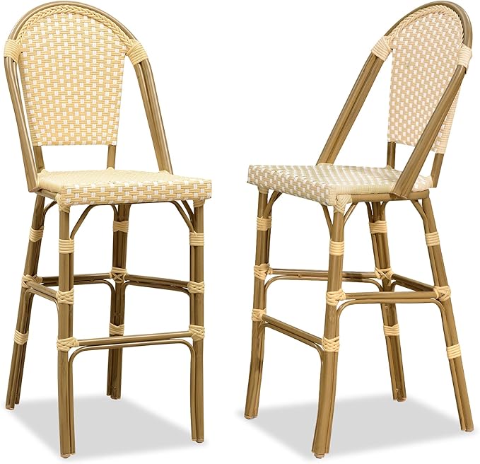 PURPLE LEAF French Bar Stool Set of 2 Bamboo Print Finish Patio Bar Stools with Back Rattan Bar Chairs Wicker Bar Height Stool 30" with Footrest Kitchen Island Stools Outdoor Barstool Cream Yellow