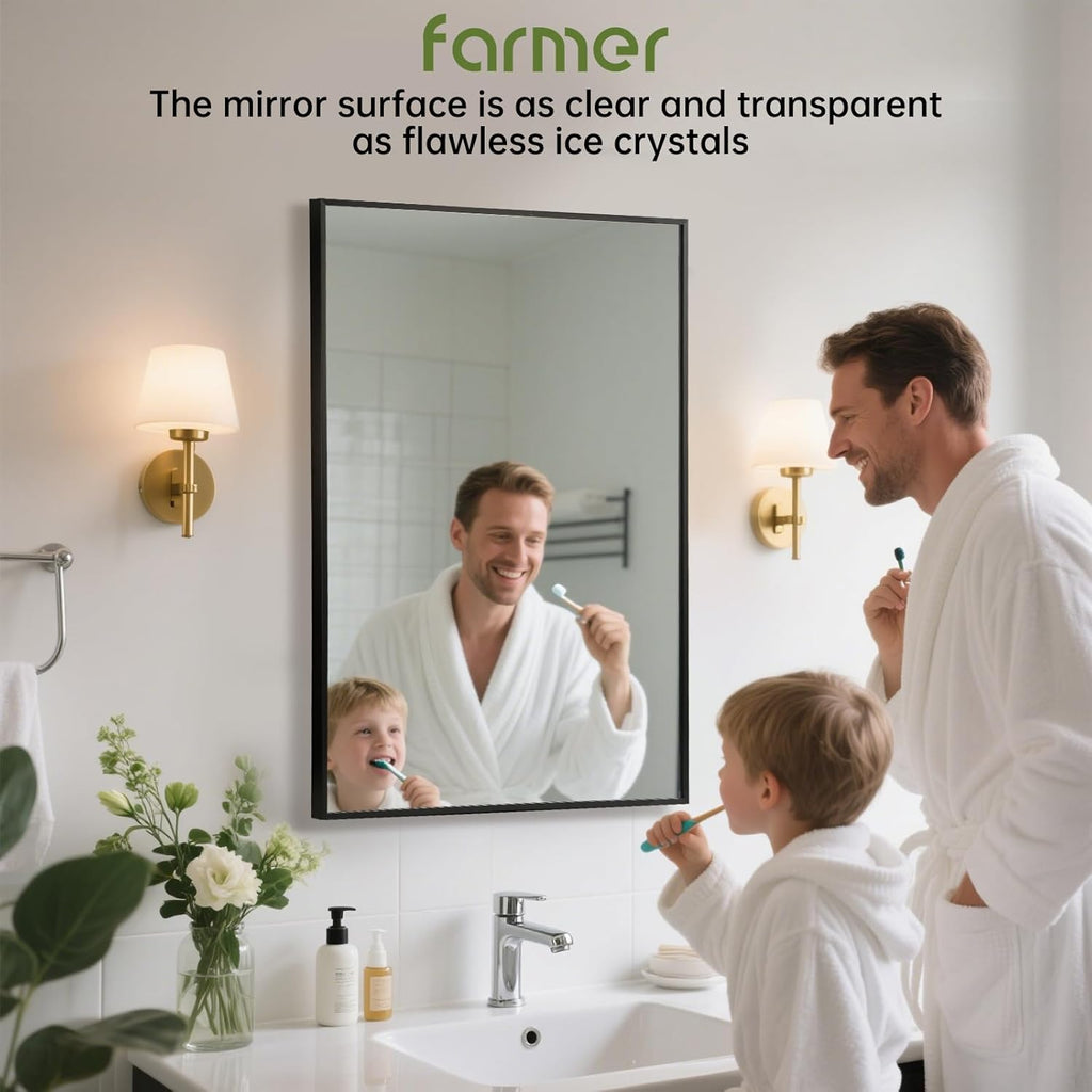 FARMER 26x38 Inch Black Bathroom Mirror, Rectangle Wall Mounted Mirror, Vanity Mirror, Brushed Square Mirror, Framed Bathroom Mirror for Bedrooms, Entryways, Living Rooms, Horizontal/Vertical