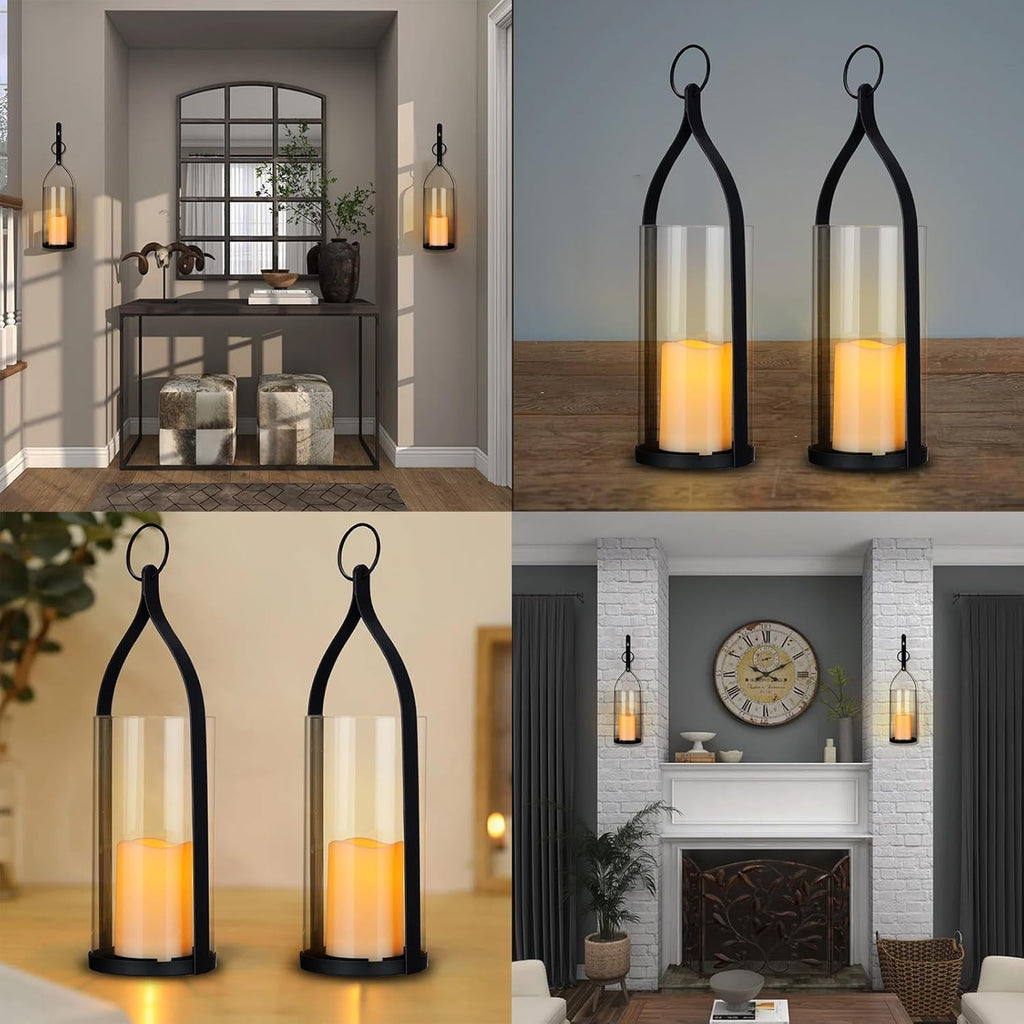 Metal Wall Sconce Candle Lantern Set of 2 - Black Wall Mounted Hanging Holder with Glass & Candles Vintage Wall Decor for Porch, Living Room, Dining Room, Bedroom Indoor Decor