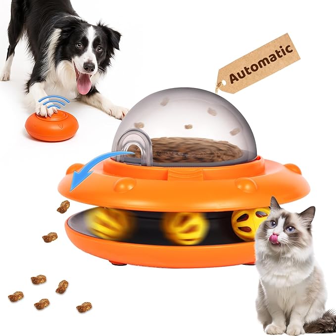 Interactive Dog & Cat Toys - Automatic Treat Puzzle with Remote Control for Cats & Dogs Food Dispensing, Pets Enrichment IQ Training Gift, Rechargeable Electronic Ball Track Toy Slow Feeder