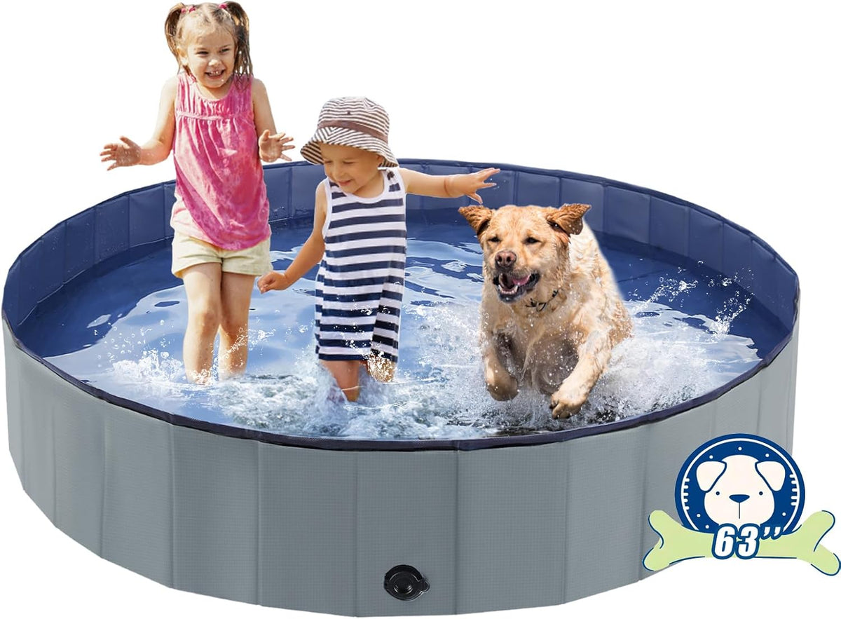 Foldable Dog Bath Swimming Pool 63'' Plastic Kiddie Pool Professional Tub Collapsible Grooming Bathtub for Pets Kids Baby and Toddler, 63 x 12 Inches Gray