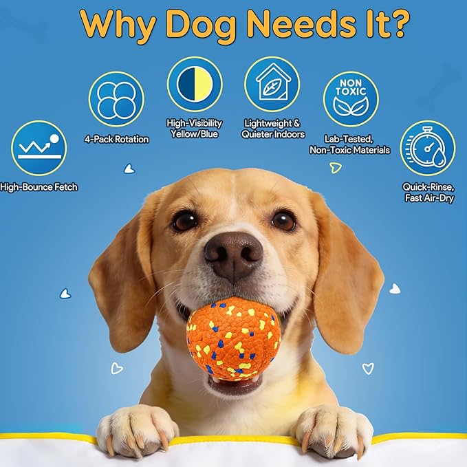Dog Balls, Indestructible Tennis Balls for Aggressive Chewers, ETPU High-Bounce Floating Fetch Toys for Small & Medium Large Puppies, 4 Pack 2.75''
