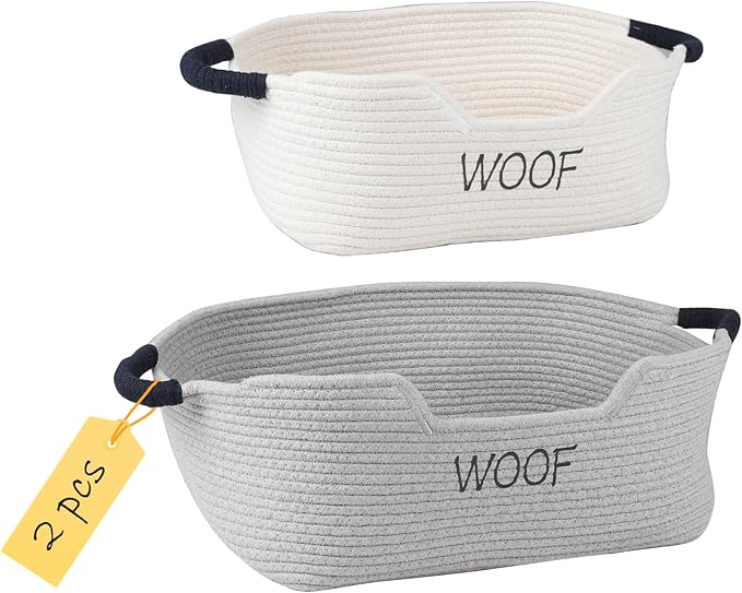 2 Pack Dog Toy Baskets,Pet Rope Basket for Dog Cat Toys,Dog Toy Bin with Handles,Woof Puppy Toy Storage Basket,Puppy Bed,Dog Stuff Organizer for Toys,Collar,Leash,Nursing Supplies-Beige+Gray