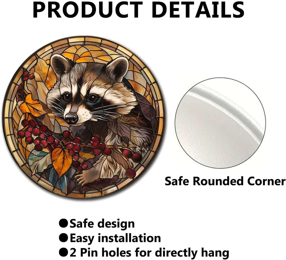 Lygond Metal Sign Tin Sign Circular Stained Glass Raccoon Minimalist Wall Art for Garage 8×8 Inches