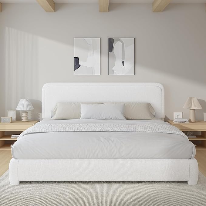 BarnFurin Boucle Upholstered Bed Frame King Size/Cloud Bed Frame/Soft Rounded Corners Headboard/Low Profile/No Box Spring Needed/White
