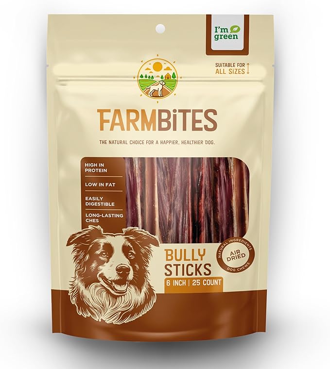 Bully Sticks for Dogs – 100% Natural, Odor-Free, Air-Dried Beef Pizzle, Grain-Free & Fully Digestible Dog Chews – Long Lasting Treats for All Breeds (6 Inch, 25 Pack)