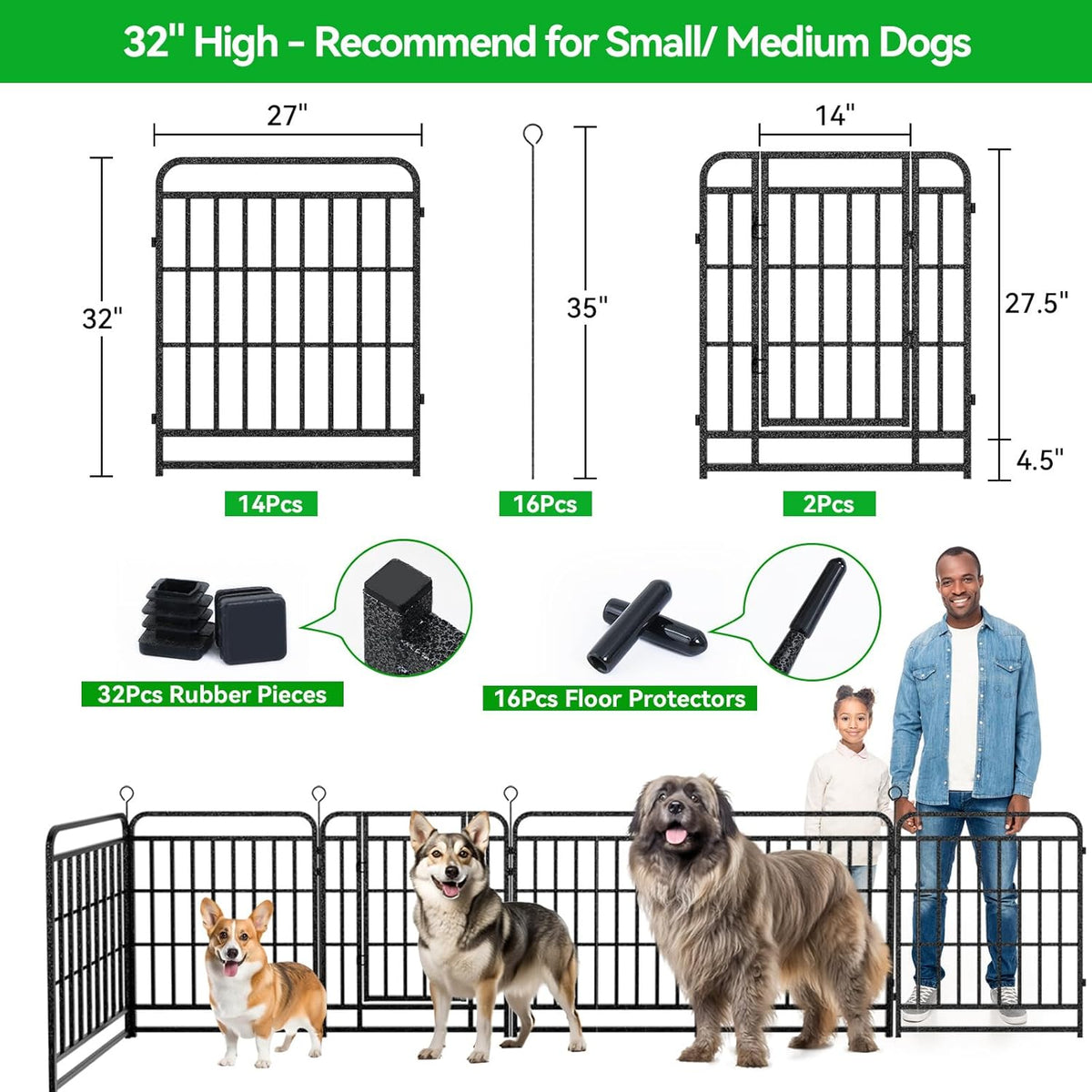 Dog Playpen Outdoor 16 Panels Heavy Duty Dog Fence 32" Height with Thick Pipe Anti-Rust with Doors Portable for RV Camping Yard, Total 36FT, 103 Sq.ft, Snowy Black