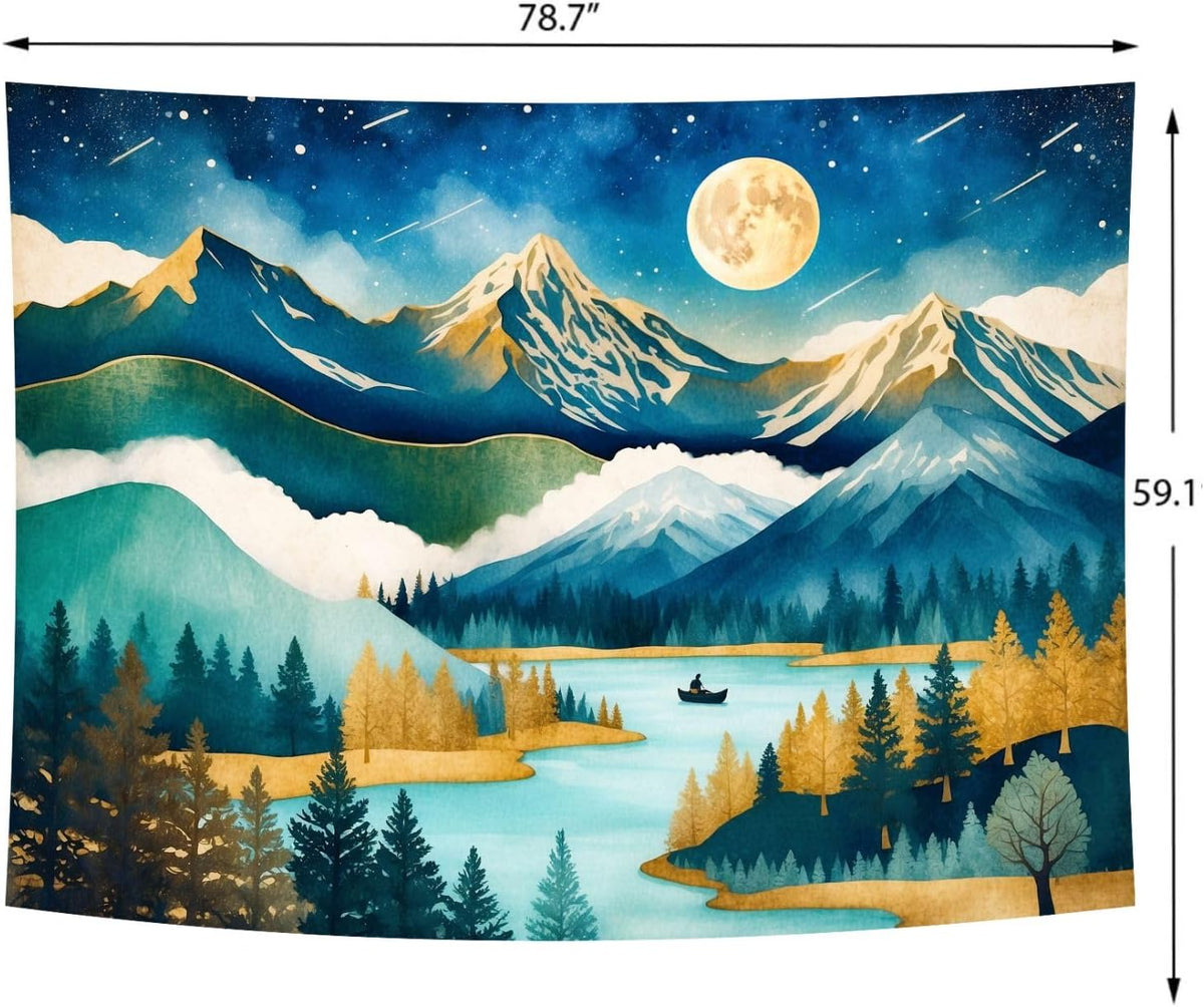 Delur Mountain Tapestry Boho Moon Stars Starry Night Tapestry Wall Hanging Forest Tree Nature Landscape Psychedelic Headboard for Bedroom Living Room Home Decor (59.1" x 78.7")
