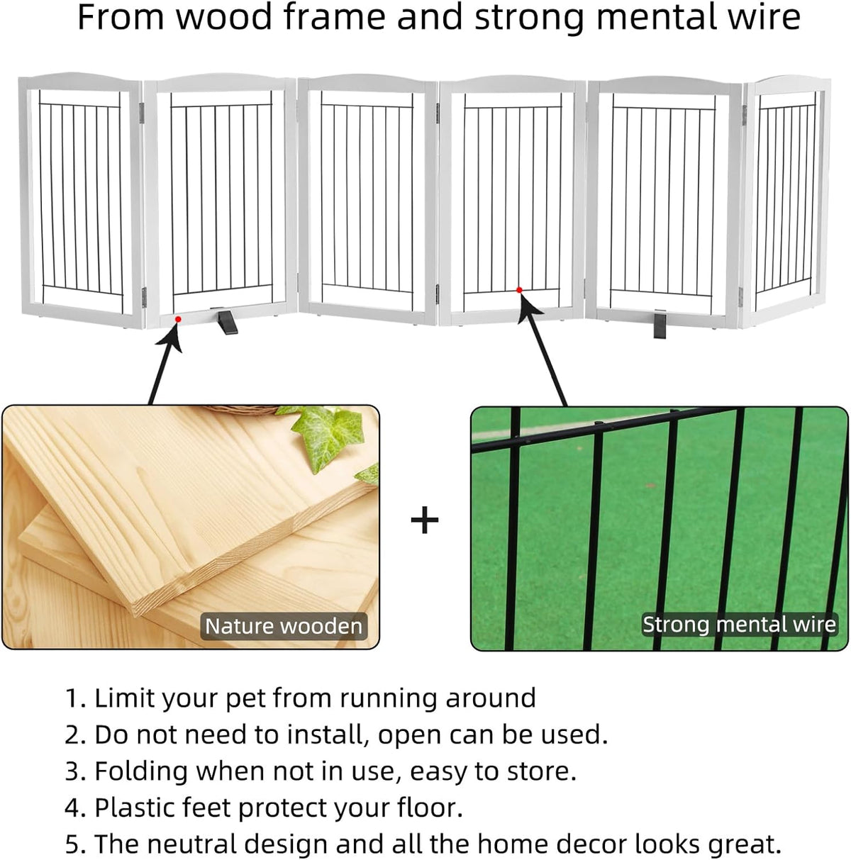 ZJSF Freestanding Dog Fence Indoor, Foldable Dog Gate for Doorways, Stairs or Hallways, Sturdy Wood Extra Wide Pet Gate with Support Feet for The House, White, 24 "Height-6 Panels