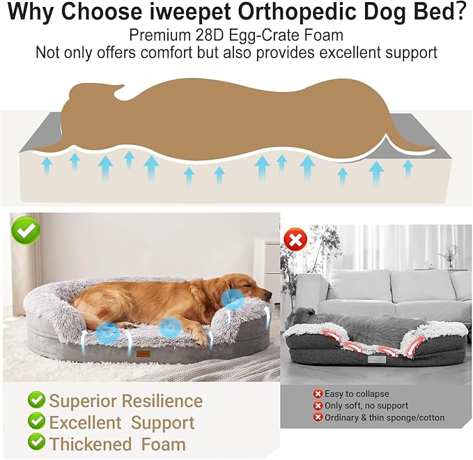 iweepet Fluffy Calming Orthopedic Dog Beds for Large & Extra Large Dogs, Supportive Dog Sofa Bed with 3.7 inch 28D Egg-Crate Foam, Removable Washable Plush Cover, Waterproof Lining,44’’,Grey