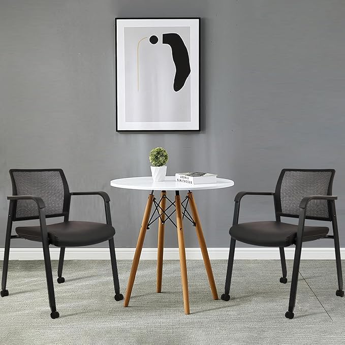 CLATINA Stacking Office Chair with Wheels, Mesh Back Waiting Room Guest Chairs with Arms Comfortable Leather Cushion Stackable Desk Chair for Conference Reception School Side Stationary, Black, 8 PK