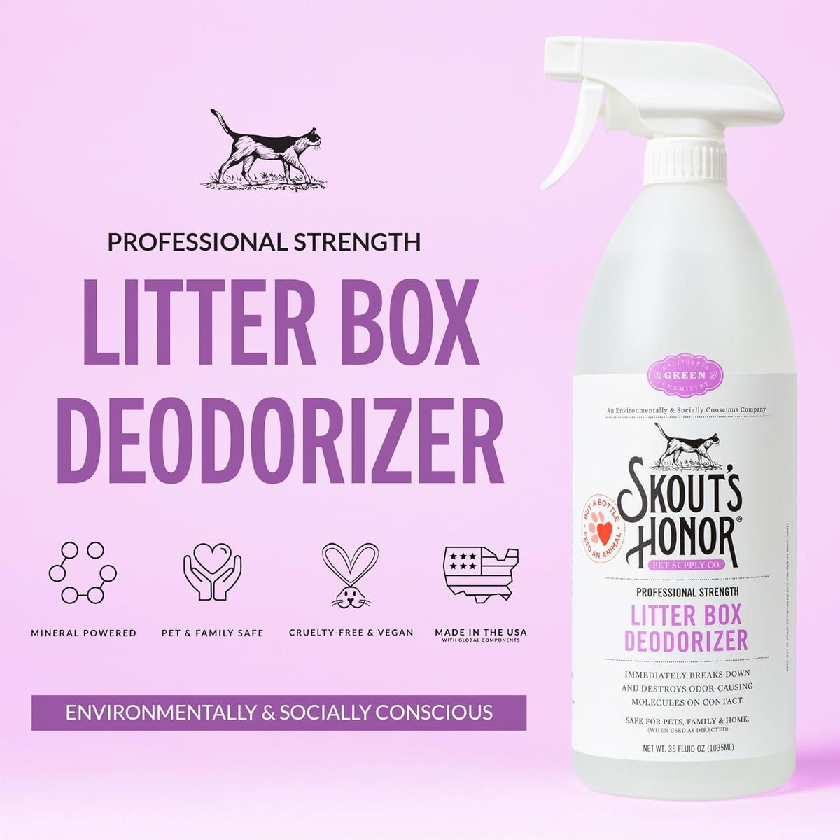 SKOUT'S HONOR Cat Litter Box Deodorizer Spray - Professional Strength, Instantly Breaks Down and Destroys Offensive Odors, Effectively Neutralizes Feline Pheromones, Eco-Friendly, Cruelty-Free, 35 oz