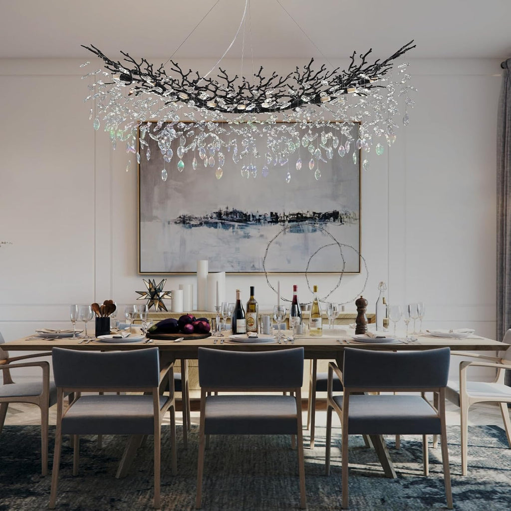 Modern Black Rectangle Crystal Tree Branch Chandelier, 55" 16-Light K9 Crystal Chandeliers for Dining Room, Rectangular Dining Room Chandelier Over Table,for High Ceiling,Kitchen