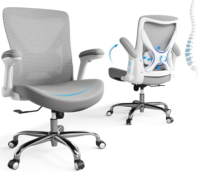 Office Home Ergonomic Desk Chair-Computer X-Shaped Chair Mesh PU Leather with Adjustable Lumbar Support-Executive Chair High Back Flip-Up Arms for Long Hours (White-Grey-No Headrest)