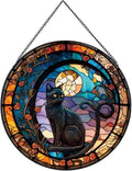 Black Cat Stained Glass Window Hangings,Suncatcher Stained Glass for Windows for Cat Lovers,20cm/7.87inch Hand-Painted Sun Catcher Garden Hangings Halloween Fall Christmas Decor for Home