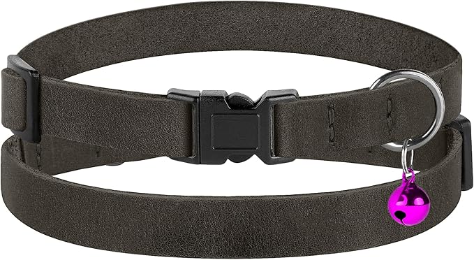 Breakaway Cat Collar Leather with Removable Bell - 13 Colors Available - Soft Adjustable Girl Boy Safety Lightweight Pet Kitten Collars Pink Brown Blue Green Red Orange Black (Graphite)